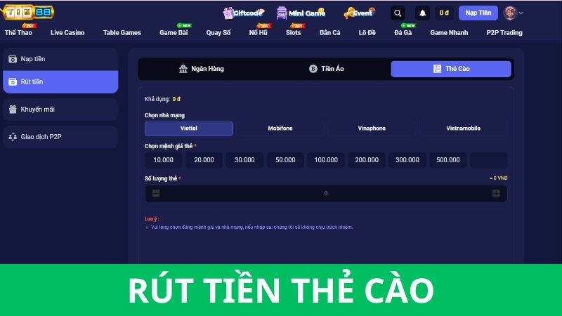 Rút tiền Tin88 thông qua thẻ cào di động