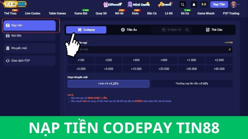Sử dụng Codepay để nạp tiền Tin88