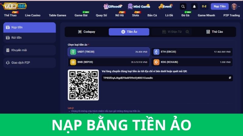Sử dụng ví tiền ảo để nạp tiền Tin88